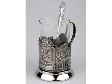 Набор: стакан с подстаканником и ложкой «Герб России», серебристый