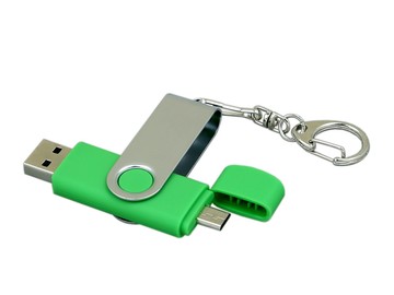 Флешка с  поворотным механизмом, c дополнительным разъемом Micro USB, 32 Гб, зеленый