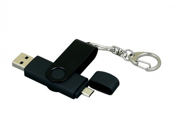 Флешка с поворотным механизмом, c дополнительным разъемом Micro USB, 16 Гб, черный