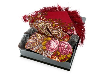 Набор: Павлопосадский платок, рукавицы, красный/разноцветный